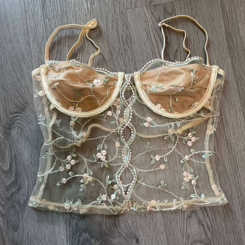 Edikted Sheer Embroidered Floral Bustier in Nude and Mint